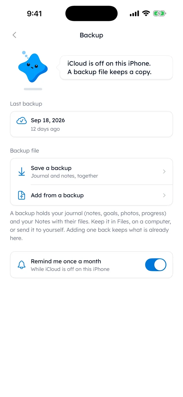 Yumemira Backup screen on iPhone with Save a backup and Add from a backup, under a note from Mira that a backup file keeps a copy.