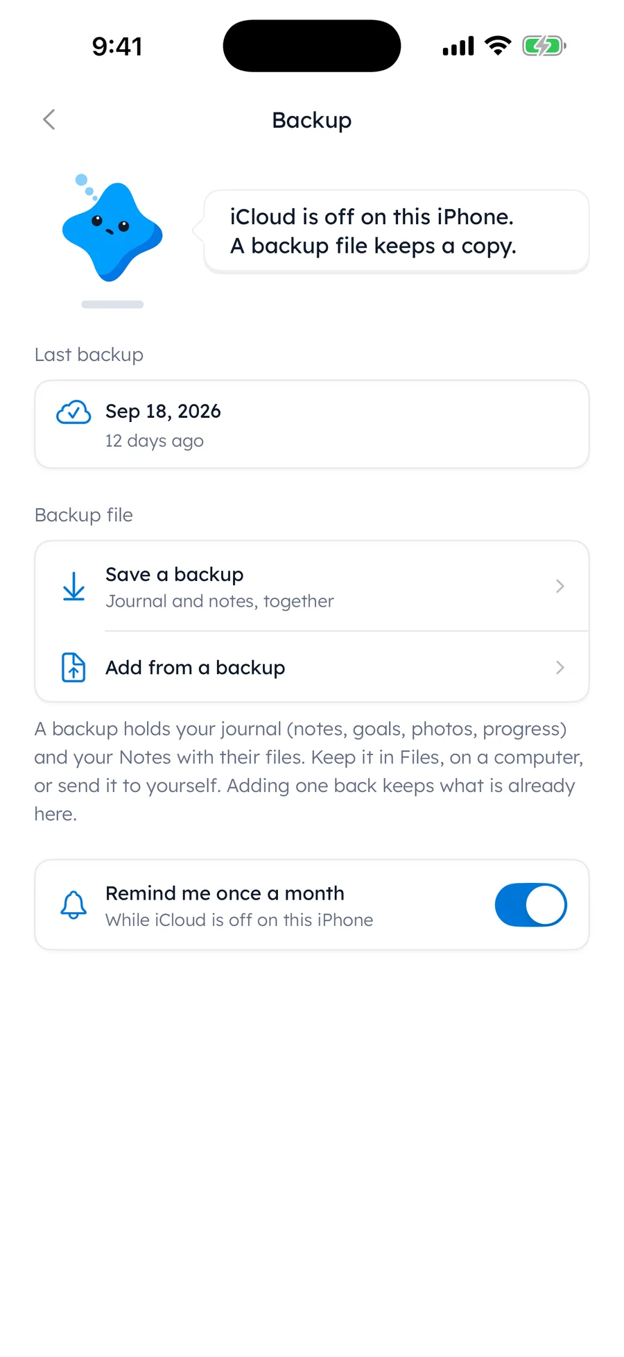 Yumemira's Backup page: last backup Sep 18, 2026, Save a backup of your journal and notes together, Add from a backup, and a monthly reminder while iCloud is off