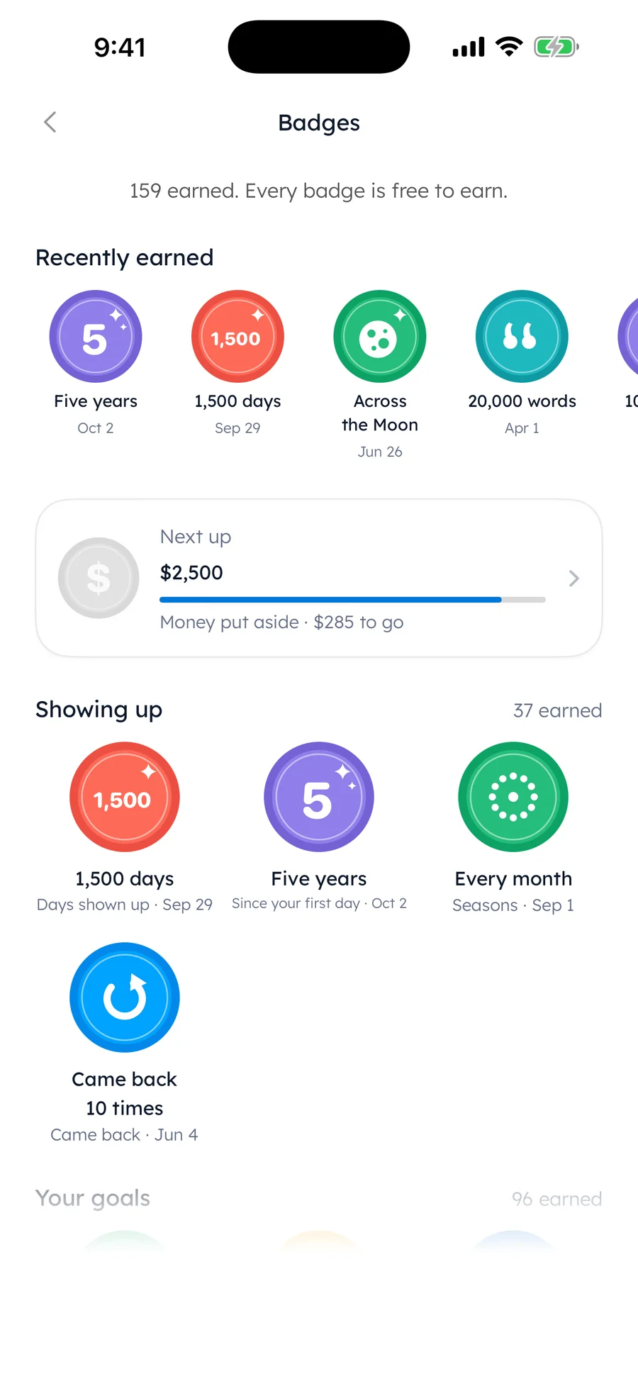 Maya's badges in Yumemira: 159 earned, Every badge is free to earn, recently Five years, 1,500 days, Across the Moon and 20,000 words, and Next up $2,500 put aside with $285 to go