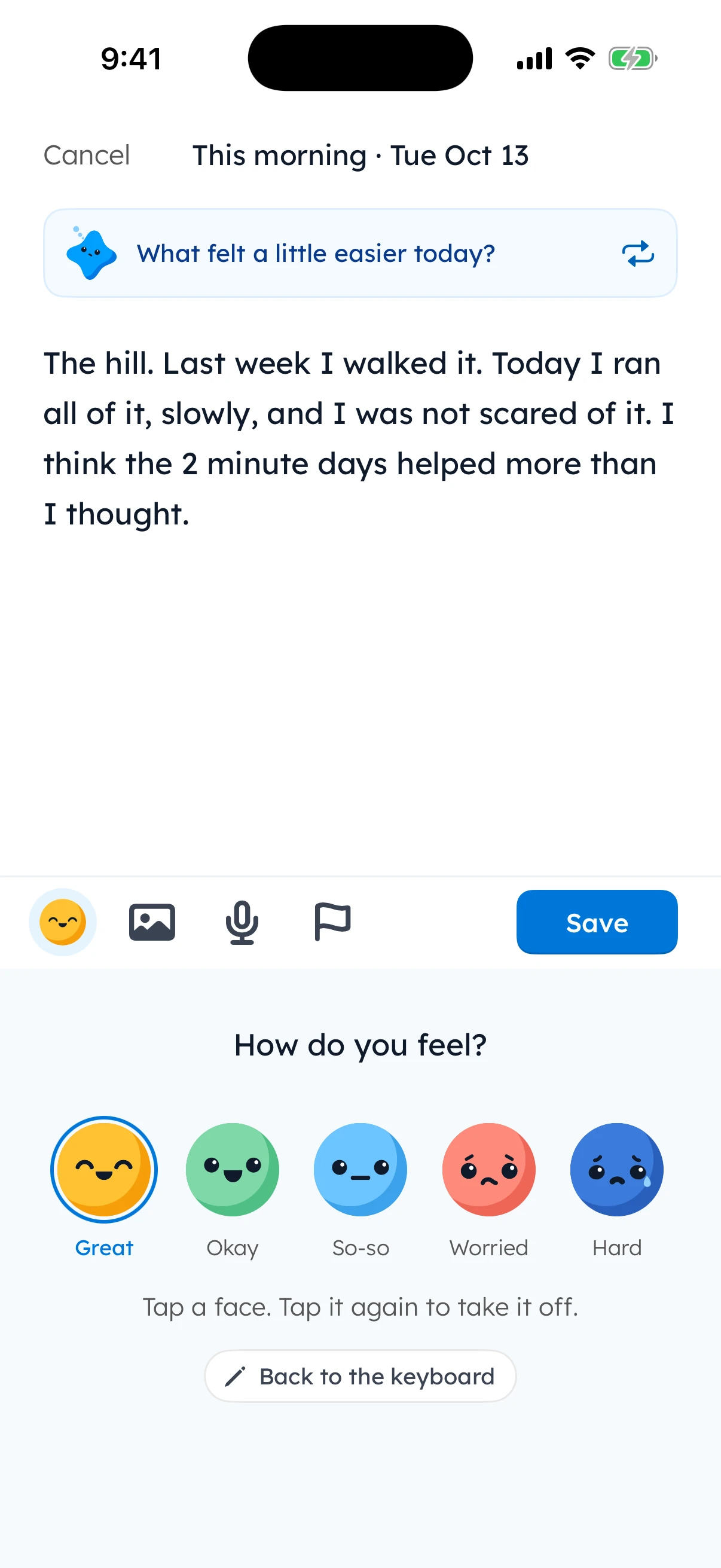 Yumemira journal on iPhone with the question “What felt a little easier today?”, a short entry about running up a hill, and five faces to pick from: Great, Okay, So-so, Worried and Hard, with Great chosen.