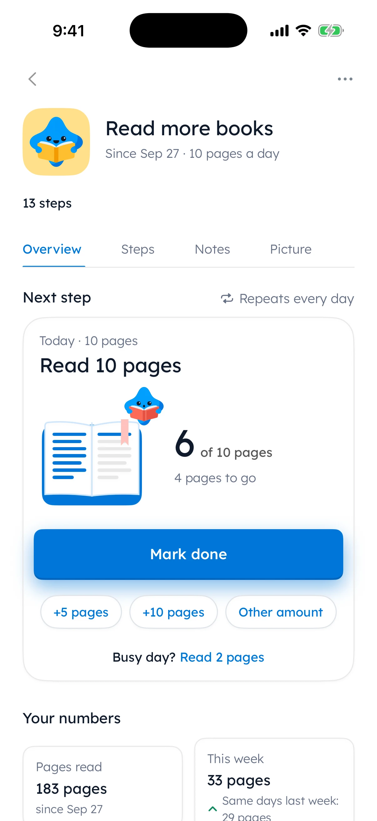 Maya&rsquo;s Read more books goal: 10 pages a day, 6 of 10 pages read today with Mark done, and her reading numbers