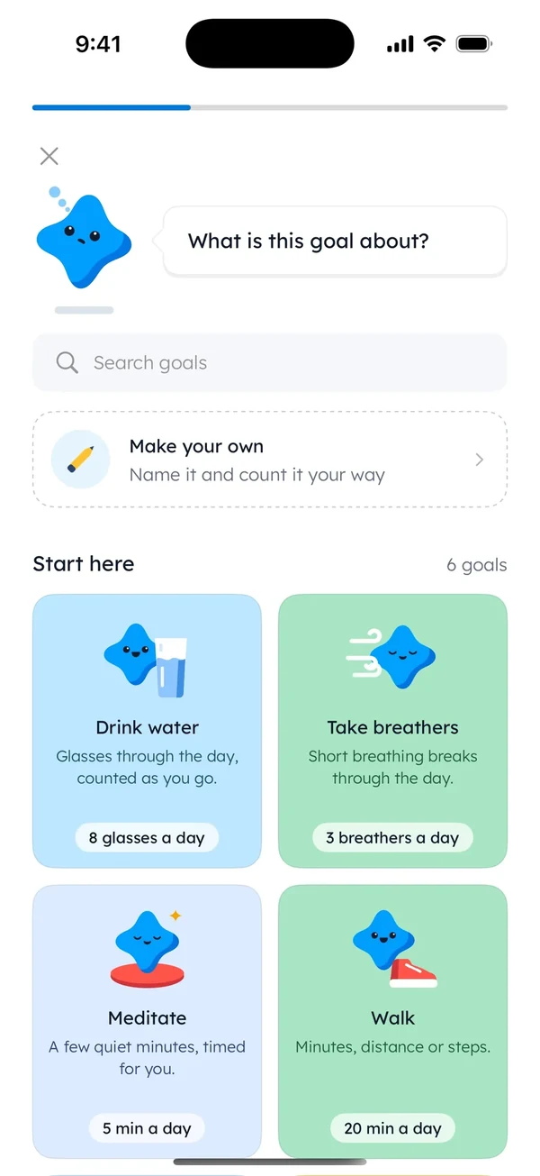 Yumemira goal picker on iPhone: Mira asks "What is this goal about?" above Make your own, Drink water and Walk.