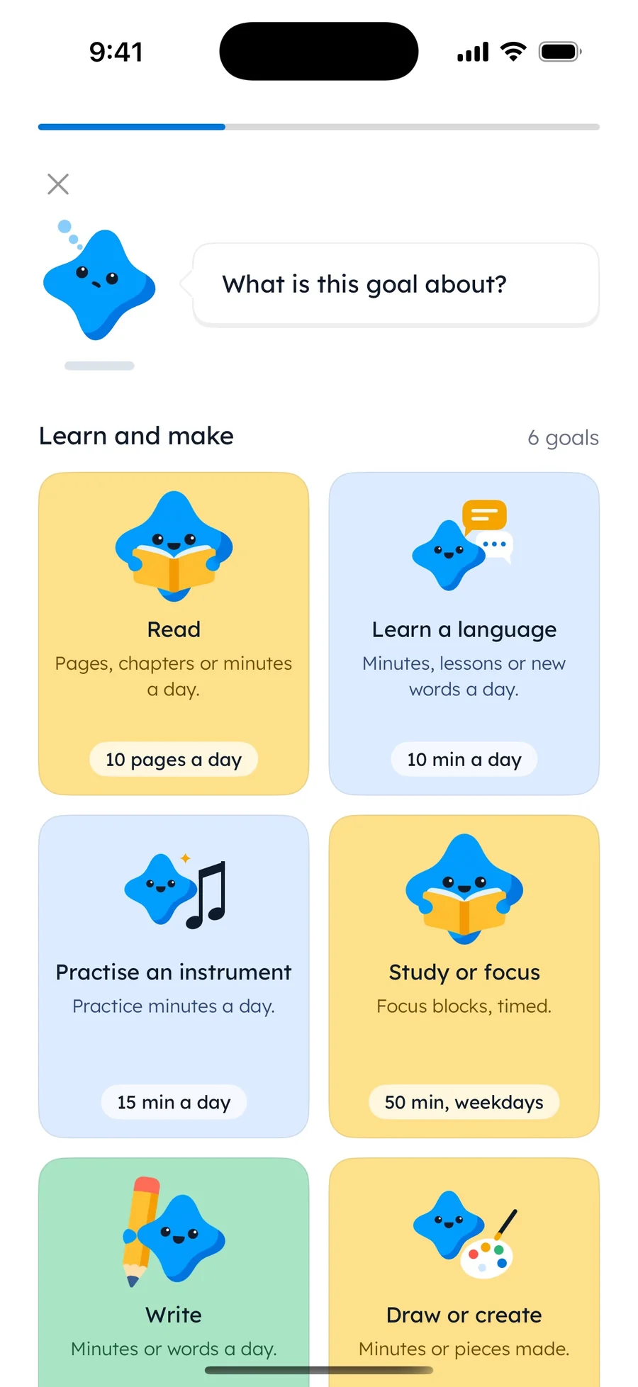 Yumemira goal library on iPhone: the "Learn and make" section with Read at 10 pages a day and Learn a language at 10 min a day.