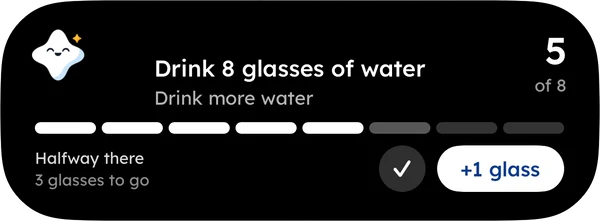 A Yumemira step on the iPhone Lock Screen: Drink 8 glasses of water, 5 of 8, with a +1 glass button