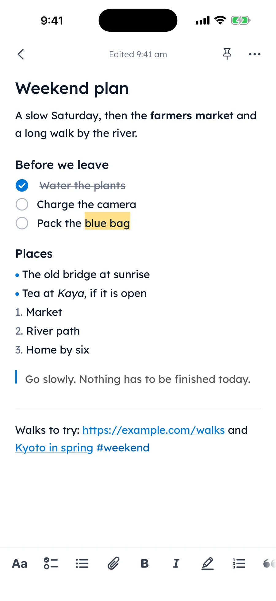 A note in Yumemira called Weekend plan: bold words, the heading Before we leave over a checklist with one of three ticked, a highlight, bullet and numbered lists, a quote and a #weekend tag