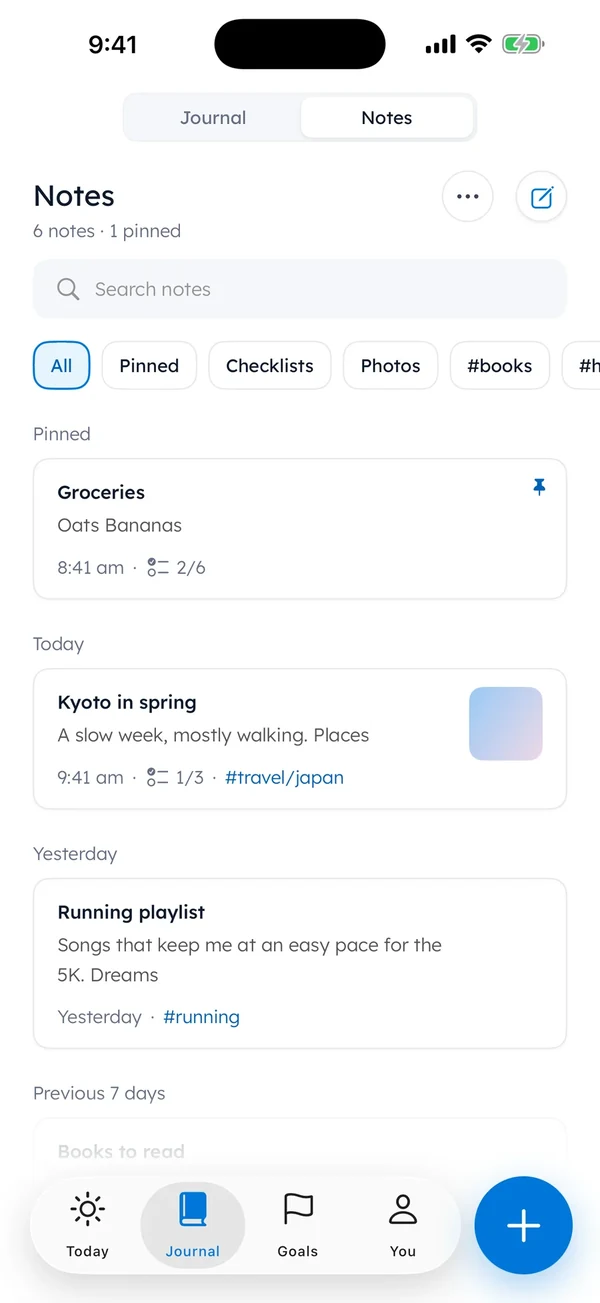 Yumemira Notes on iPhone: Search notes, filters for All, Pinned, Checklists, Photos and #books, and tagged notes