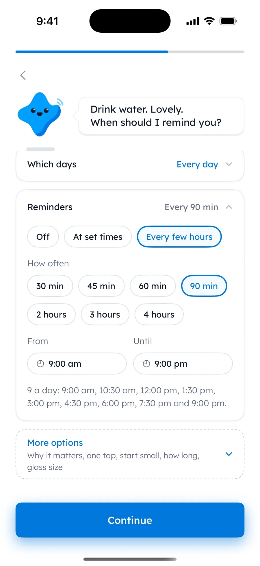 Yumemira reminder setup for a water goal: Mira asks "When should I remind you?" above Off, At set times and Every few hours.