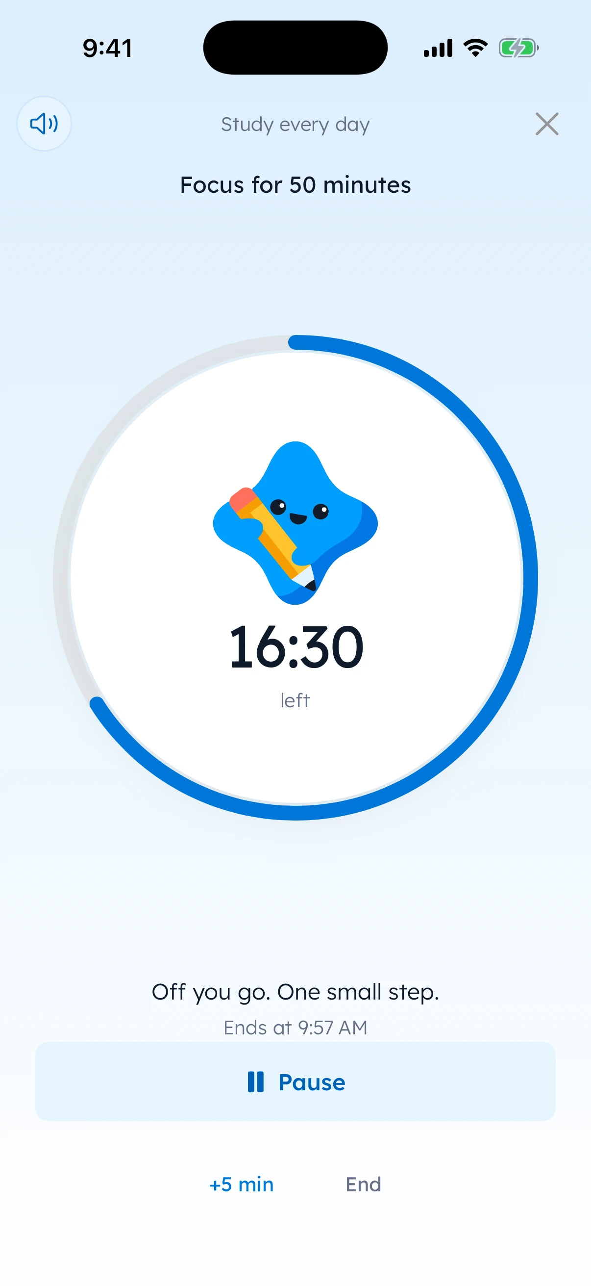 Yumemira focus timer on iPhone: Focus for 50 minutes, 16:30 left, with Pause, +5 min and End buttons.