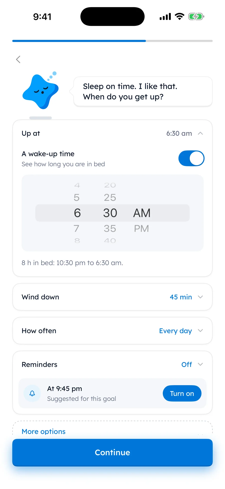 Yumemira Sleep on time setup: Mira asks when you get up, Up at 6:30 am, and Reminders Off with a Turn on button