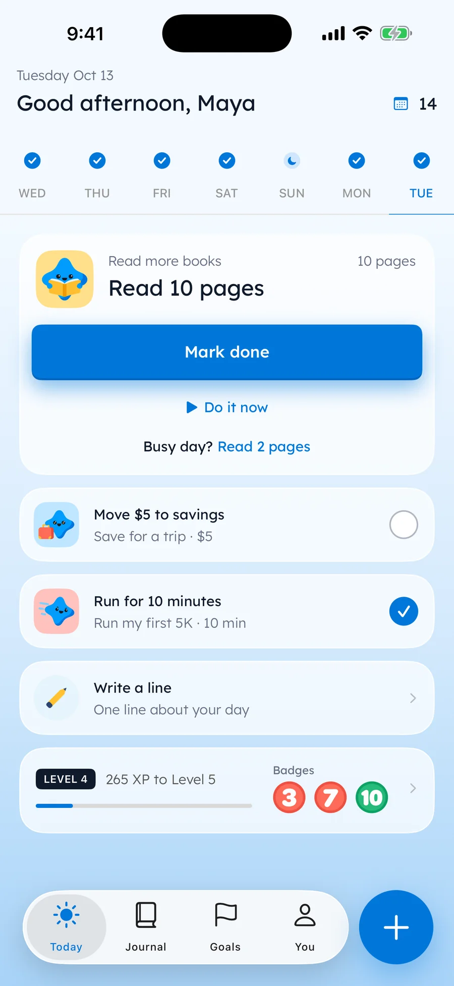 Yumemira Today screen on iPhone: Read 10 pages with a Mark done button, Busy day? Read 2 pages, and a Write a line row below