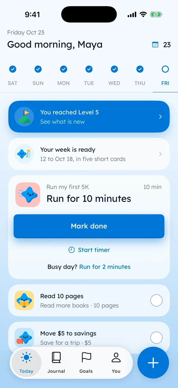 Yumemira Today screen with the step Run for 10 minutes, Mark done and a busy-day choice to run for 2 minutes