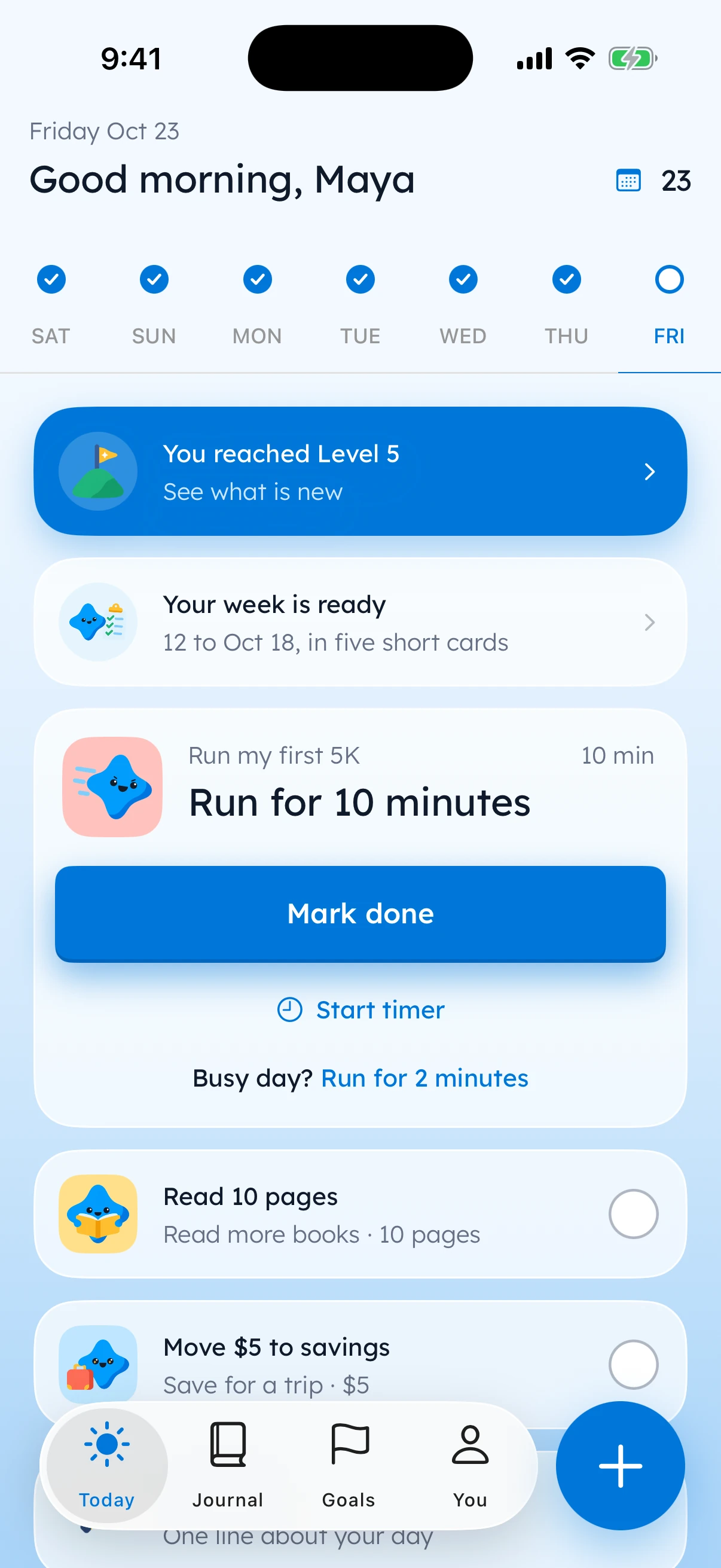 Yumemira Today screen for Maya with six days checked this week and the step “Run for 10 minutes”, with a Mark done button and a busy-day choice to run for 2 minutes instead.
