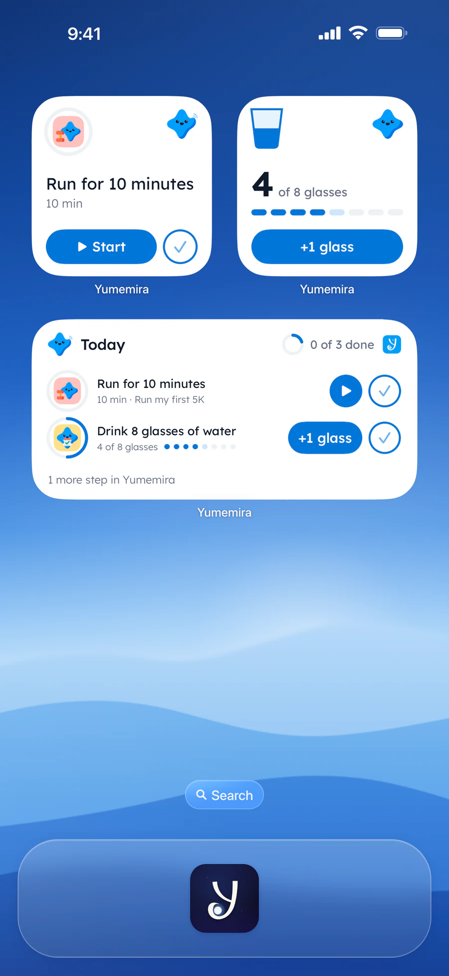Yumemira widgets on an iPhone Home Screen: Run for 10 minutes with Start, 4 of 8 glasses with +1 glass, and a Today list.