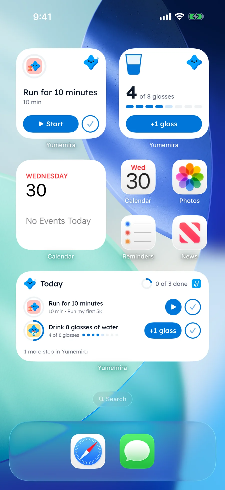 Yumemira widgets on an iPhone Home Screen: a small widget with Run for 10 minutes and Start, a water widget at 4 of 8 glasses with +1 glass, and a medium Today widget with both steps