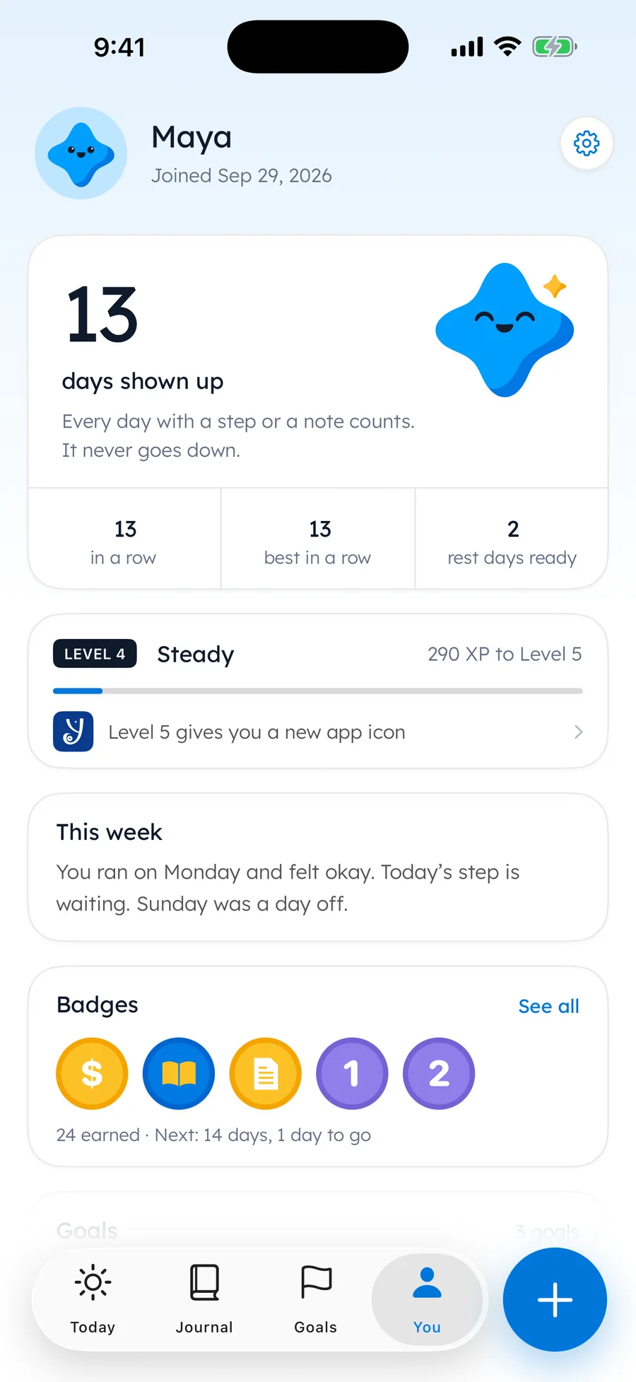 Yumemira You screen on iPhone: 13 days shown up, with the line "Every day with a step or a note counts. It never goes down."