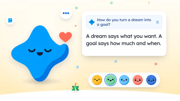 Mira, the Yumemira star, beside the words Dreams and goals, to a first step