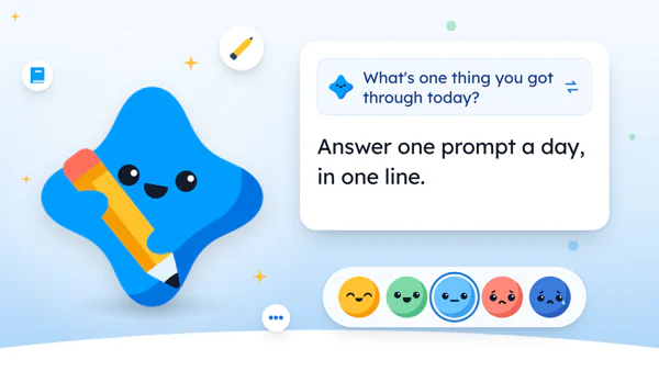 Mira, the Yumemira star, writes with a pencil beside a real journal question and the five mood faces