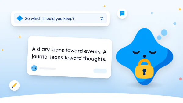 Mira, the Yumemira star, beside a small locked book, with the words Journal vs diary