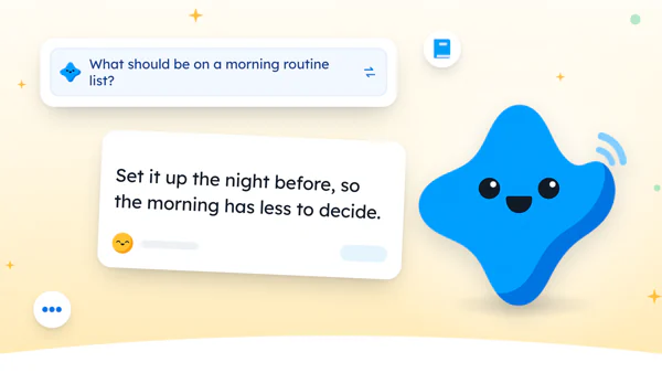 Mira, the Yumemira star, waving beside a list of small morning steps sorted by minutes, from 2 to 30