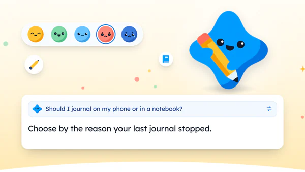 Mira, the Yumemira star, thinking beside a notebook and a phone, with the words Paper vs digital journal