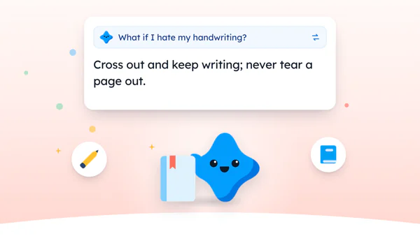 Mira, the Yumemira star, beside a journal page with a crossed-out word and one short line under it