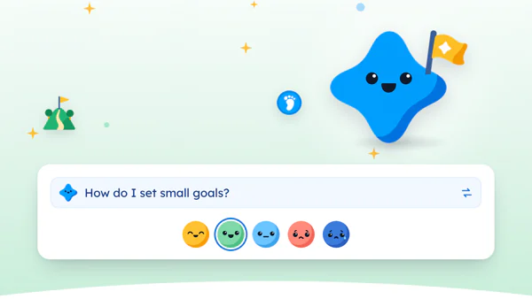 Mira, the Yumemira star, holds a flag beside a real Today screen with a 10-minute step and a 2-minute busy-day step