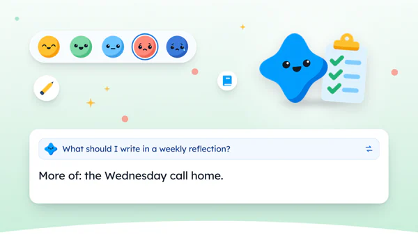 Mira, the Yumemira star, smiles beside a clipboard with three ticked lines, ready to look back on the week